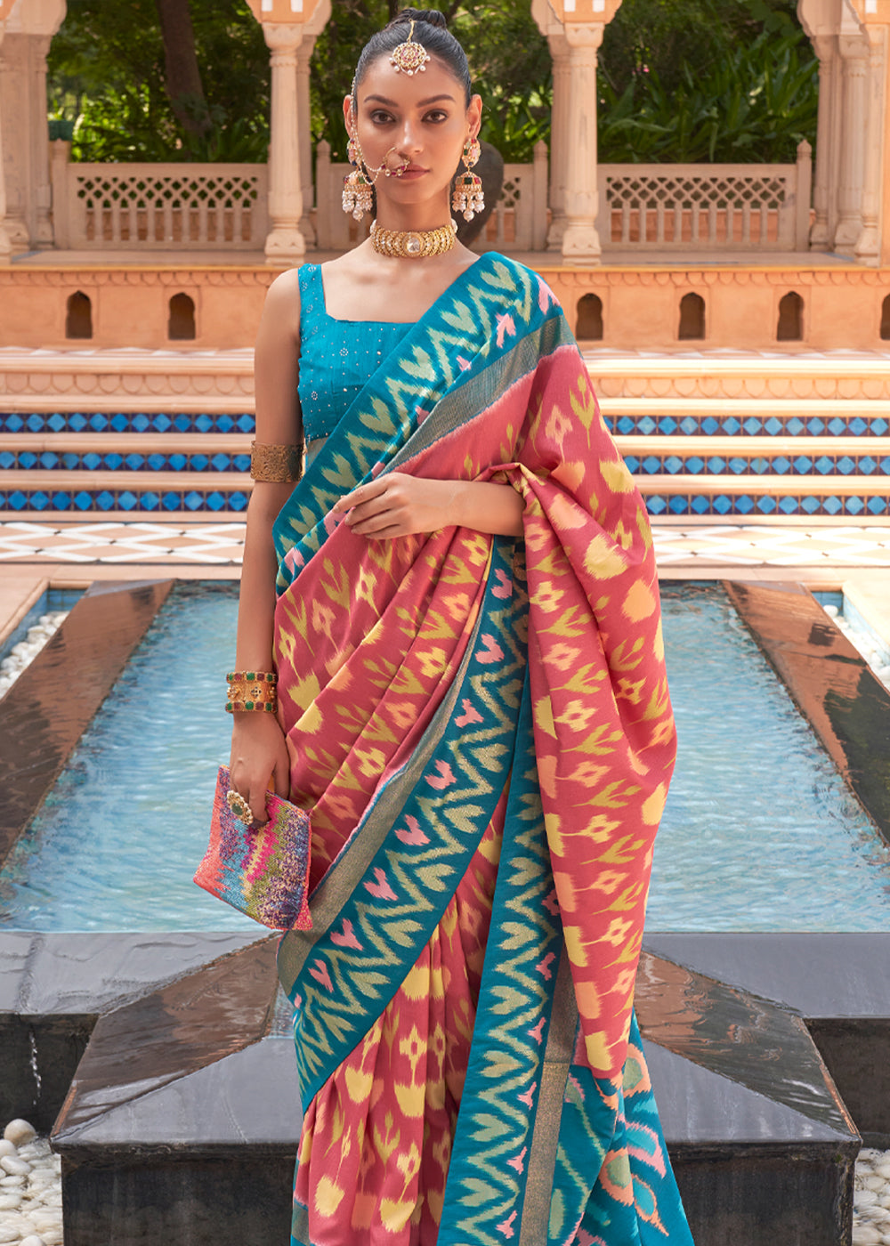 Buy MySilkLove Copperfield Peach and Blue Patola Silk Saree Online