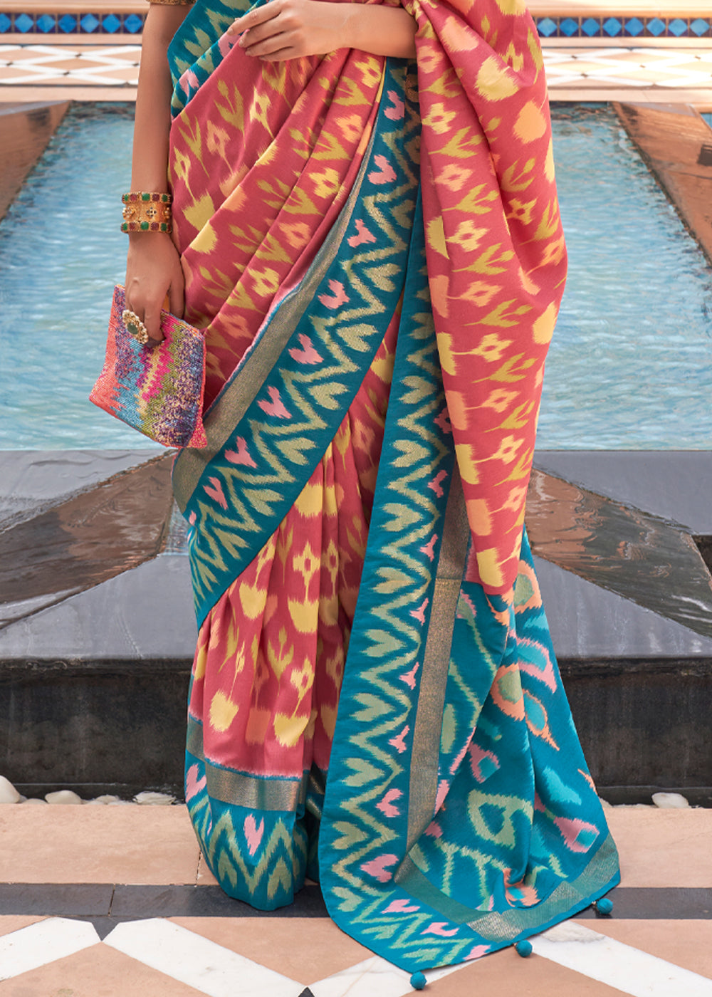 Buy MySilkLove Copperfield Peach and Blue Patola Silk Saree Online