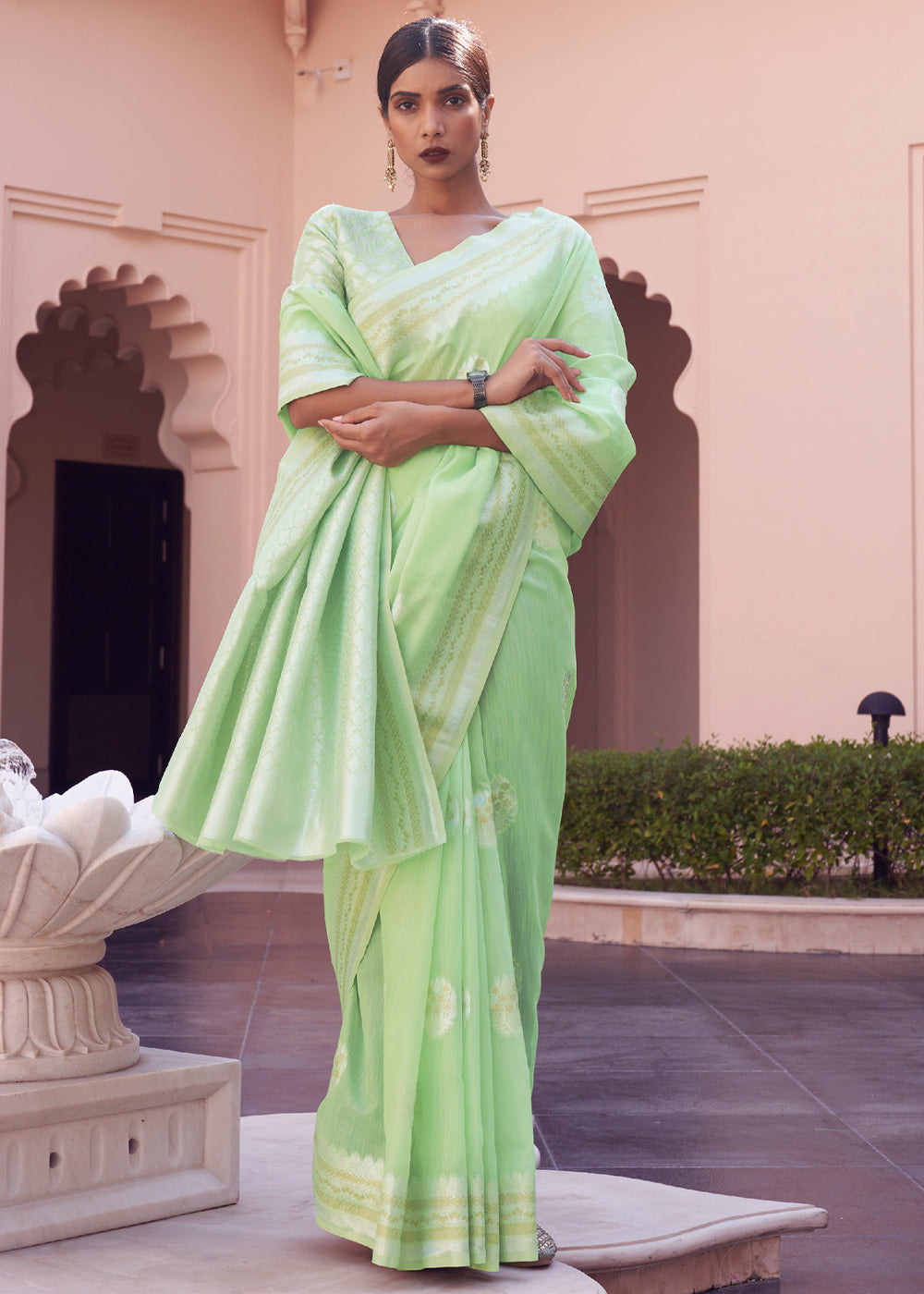 Buy MySilkLove Swamp Green Woven Banarasi Linen Silk Saree Online