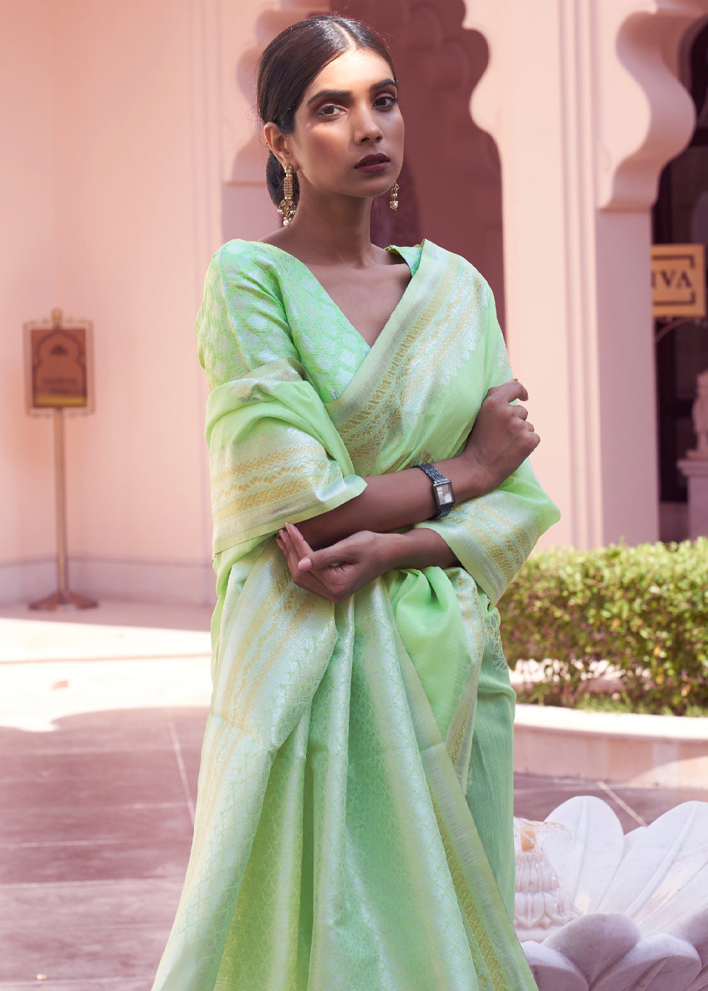 Buy MySilkLove Swamp Green Woven Banarasi Linen Silk Saree Online