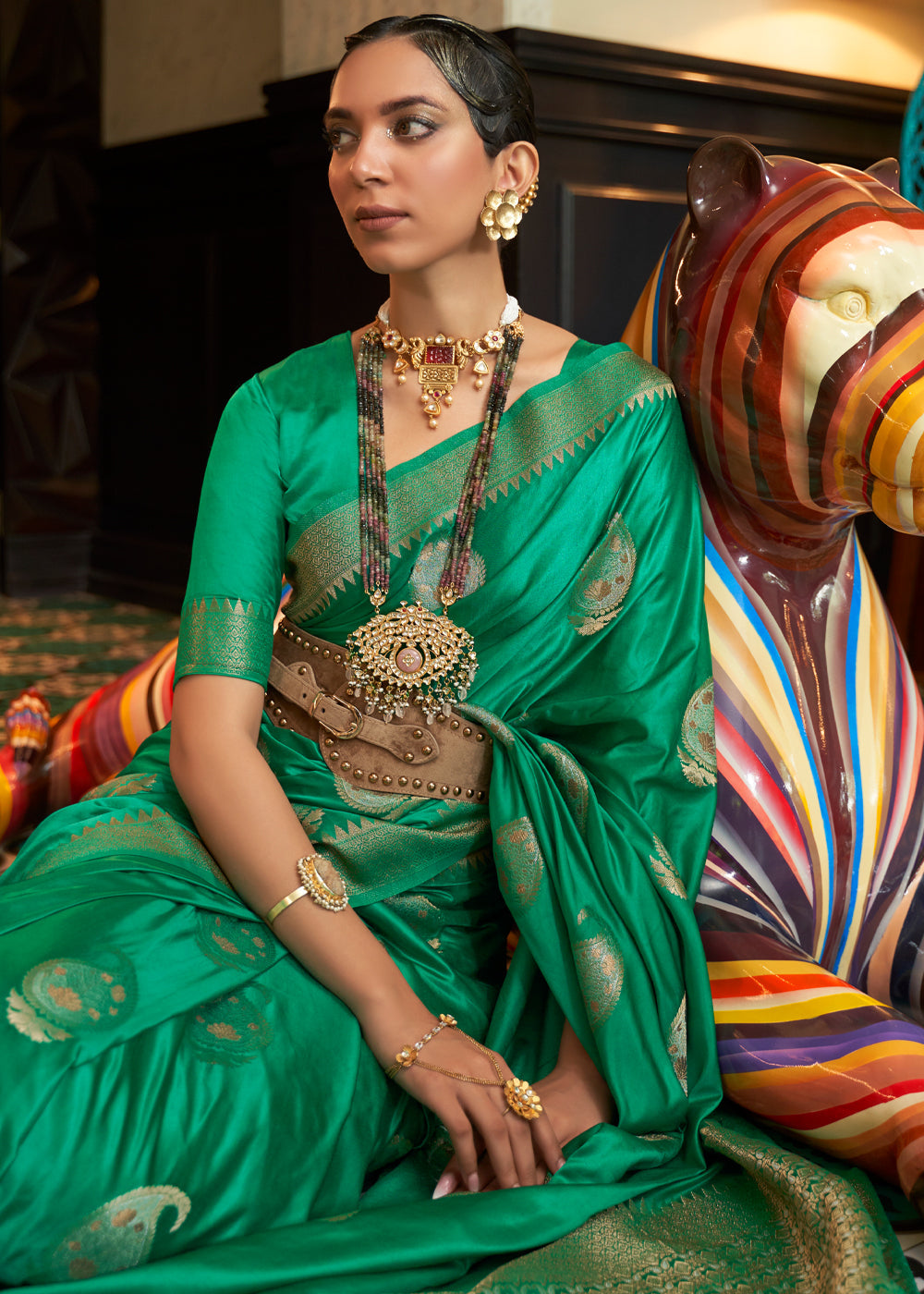 Buy MySilkLove Fun Green Woven Satin Silk Saree Online