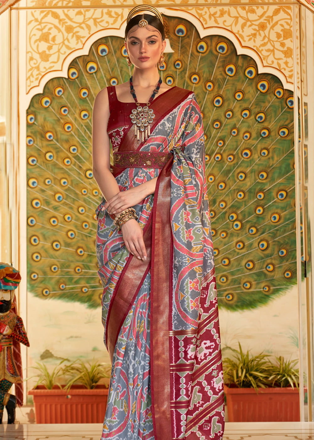 Buy MySilkLove Lemon Grass Green and Maroon Woven Patola Silk Saree Online