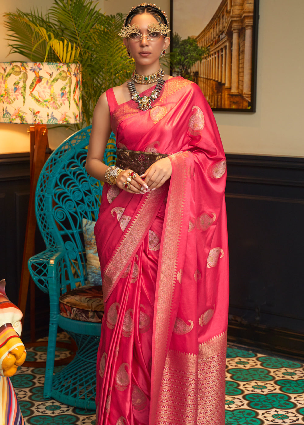 Buy MySilkLove Cherry Pink Woven Satin Silk Saree Online