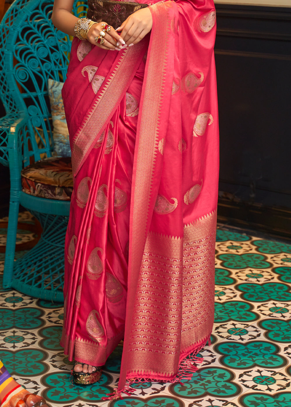 Buy MySilkLove Cherry Pink Woven Satin Silk Saree Online