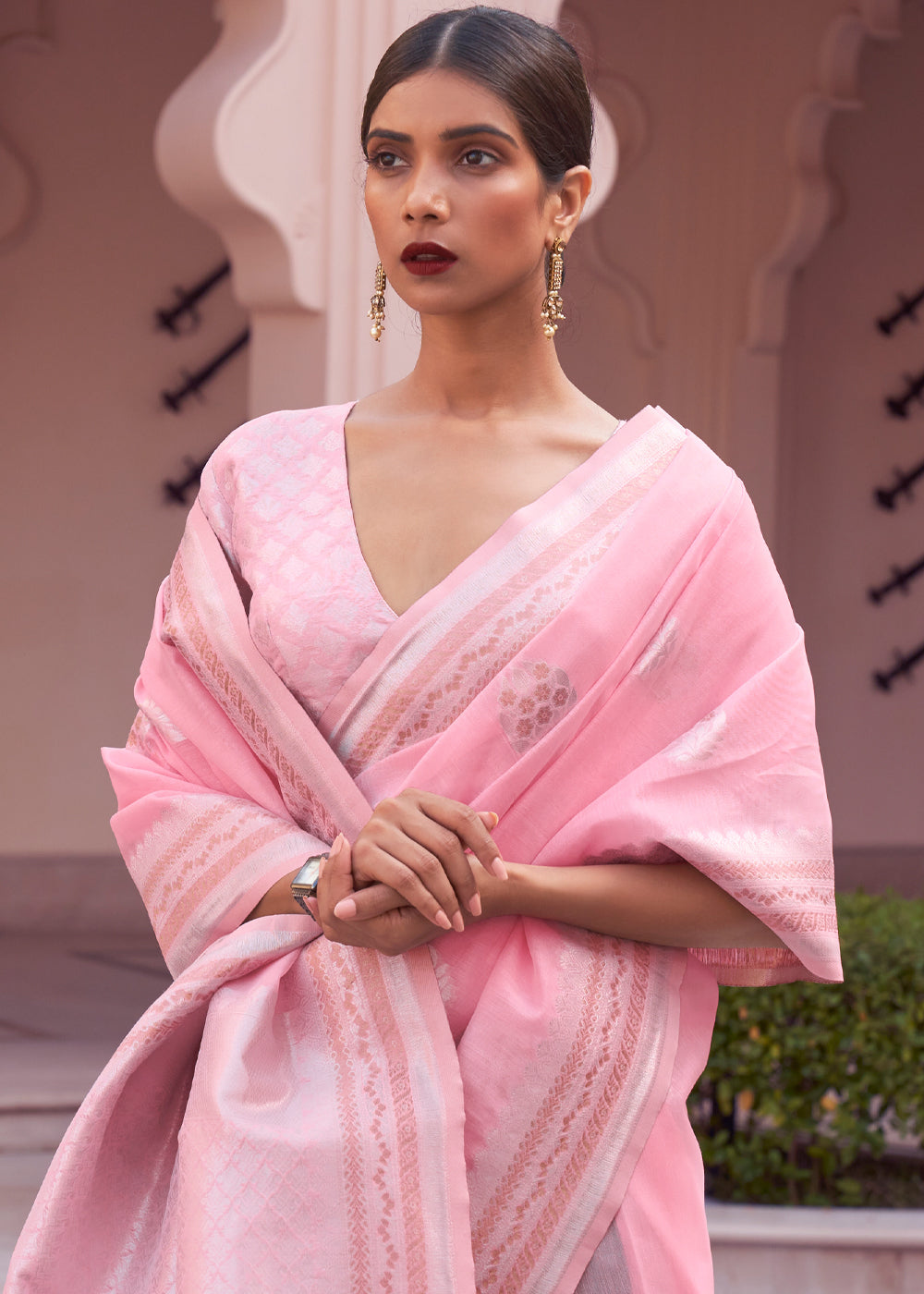 Buy MySilkLove Melon Pink Woven Banarasi Linen Silk Saree Online