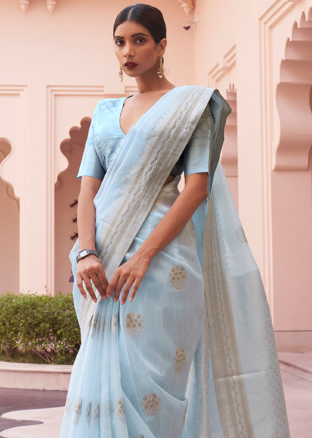 Buy MySilkLove Heather Blue Woven Banarasi Linen Silk Saree Online