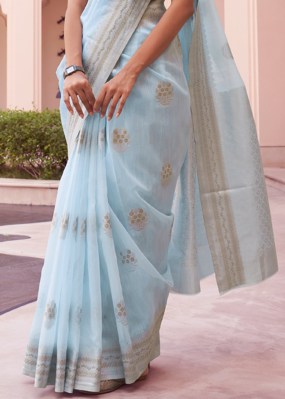 Buy MySilkLove Heather Blue Woven Banarasi Linen Silk Saree Online