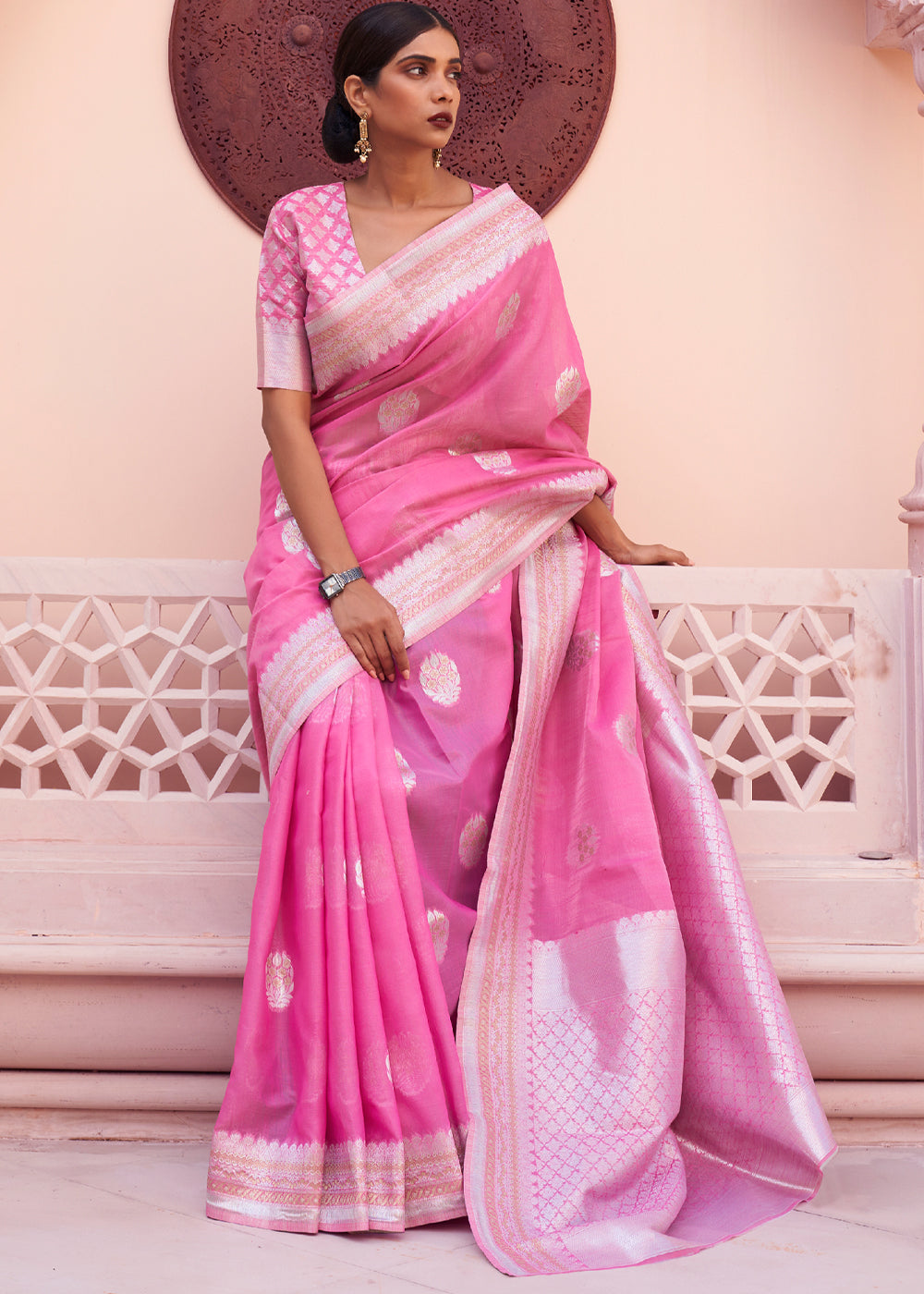 Buy MySilkLove Carnation Pink Woven Banarasi Linen Silk Saree Online