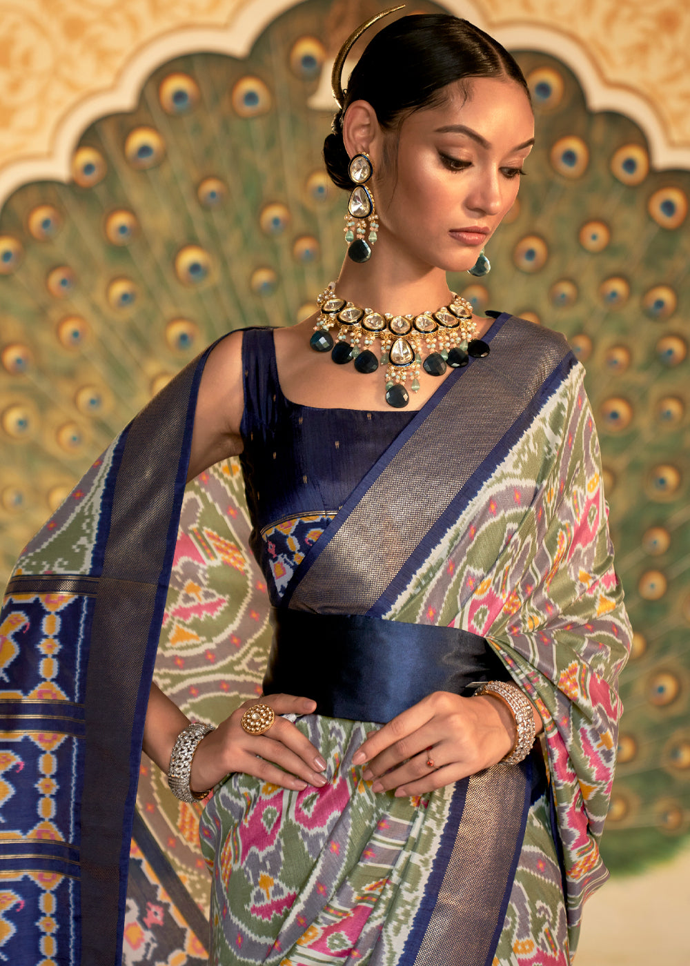 Buy MySilkLove Hurricane Grey and Blue Woven Patola Silk Saree Online