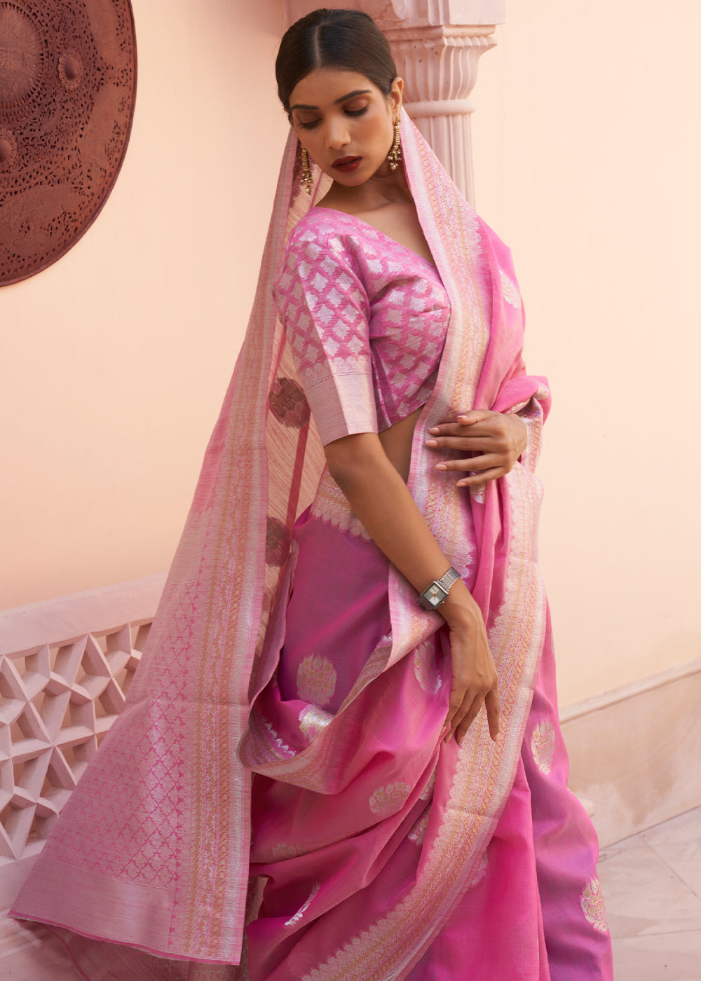MySilkLove Carnation Pink Woven Banarasi Linen Silk Saree