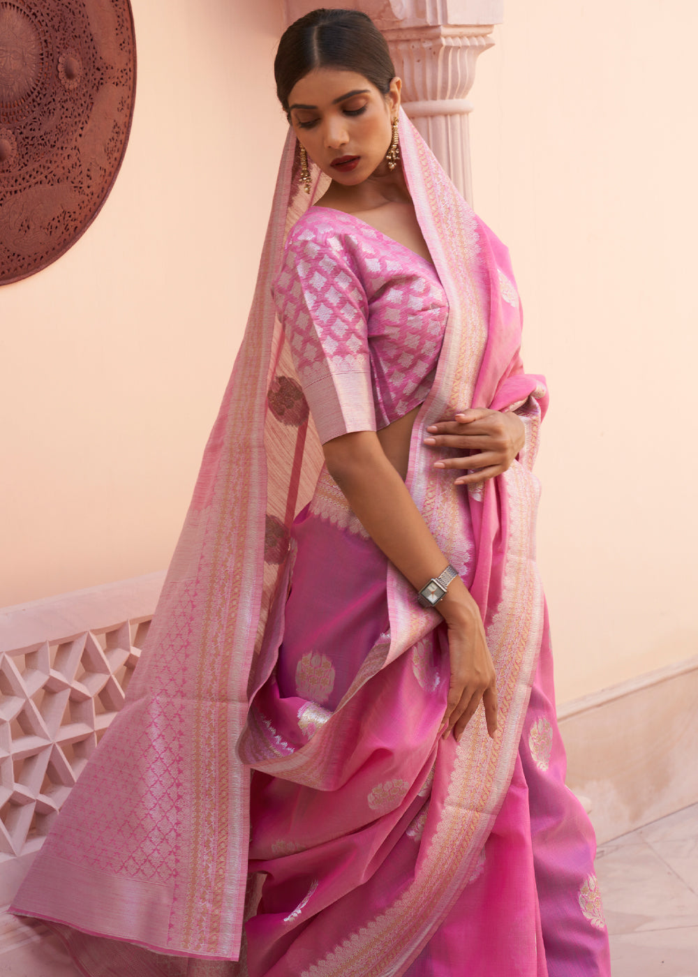 Buy MySilkLove Carnation Pink Woven Banarasi Linen Silk Saree Online