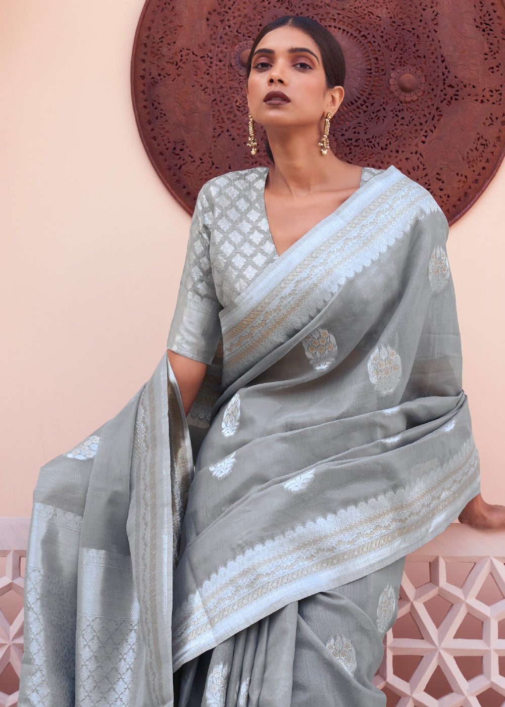 Buy MySilkLove Jumbo Grey Woven Banarasi Linen Silk Saree Online