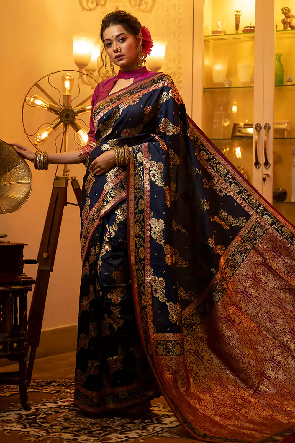 Buy MySilkLove Thunder Blue Woven Banarasi Silk Saree Online