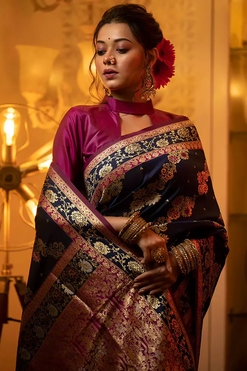 Buy MySilkLove Thunder Blue Woven Banarasi Silk Saree Online