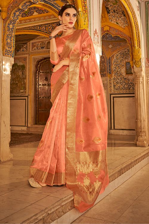 Buy MySilkLove Mandarin Peach Handloom Banarasi Silk Saree Online