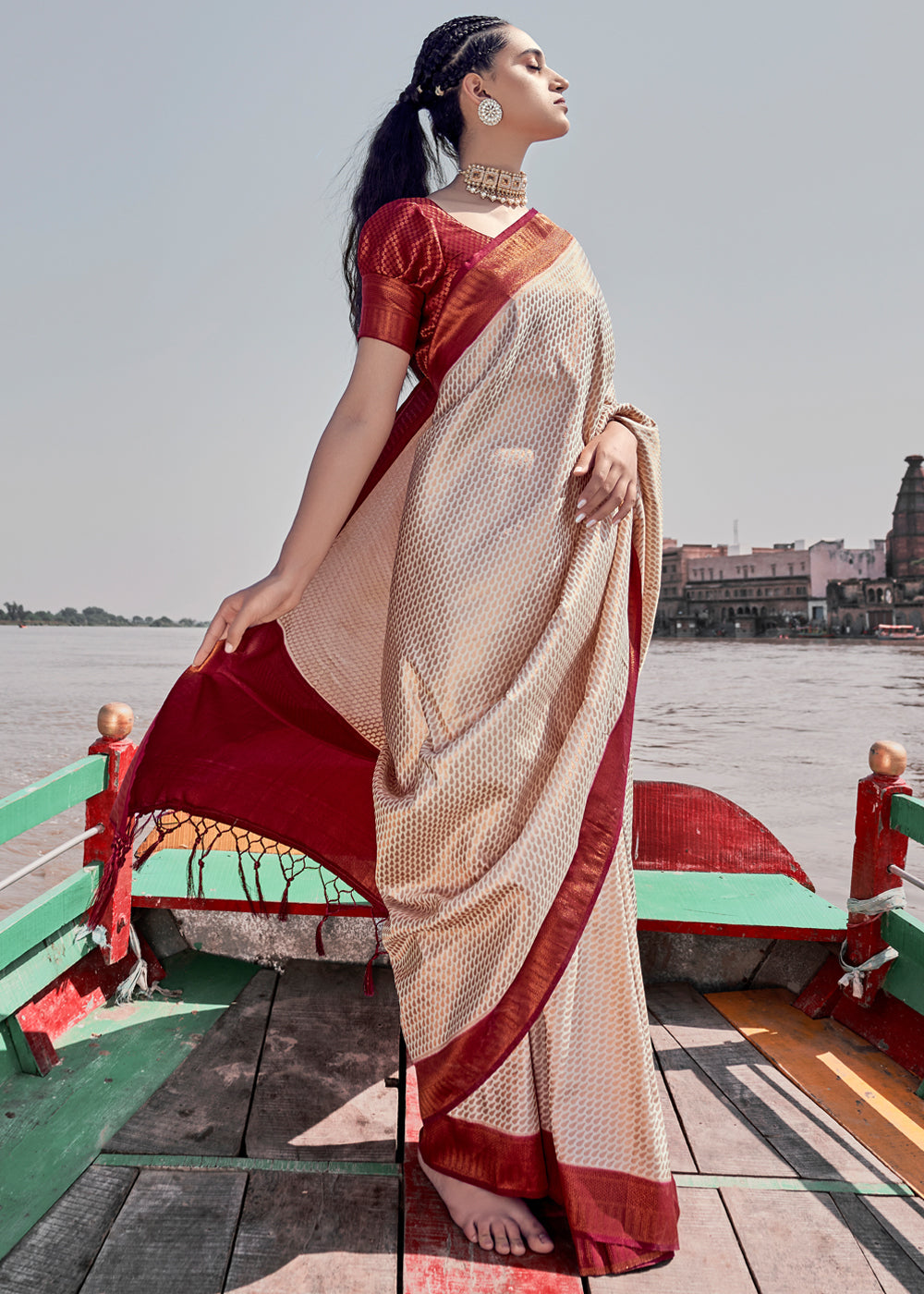 Buy MySilkLove Soft Amber Cream and Maroon Woven Banarasi Soft Silk Saree Online