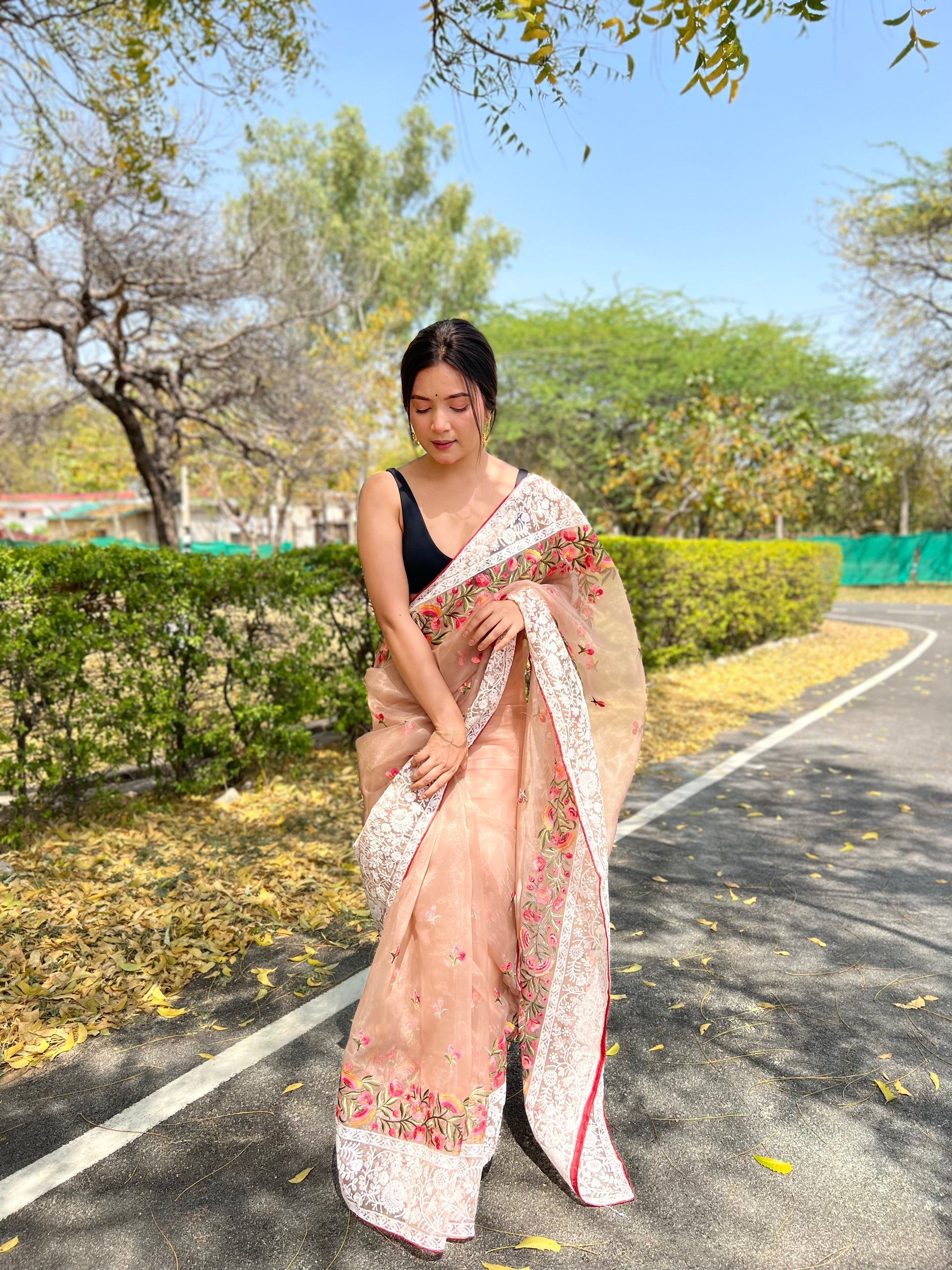 Buy MySilkLove Light Orange Lucknowi Chikankari Organza Silk Saree Online