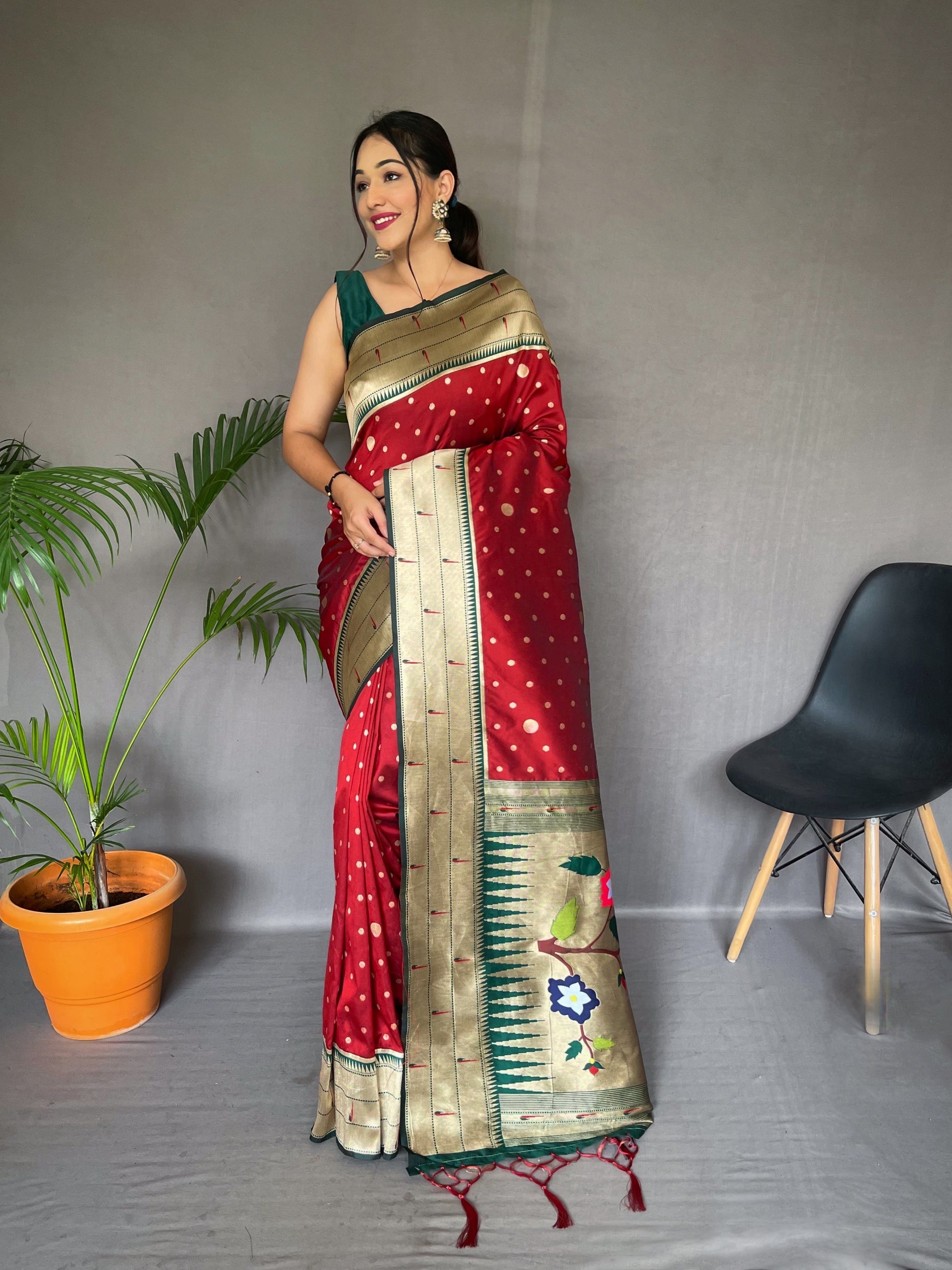 Buy MySilkLove Shimmer Maroon Polka Paithani Woven Silk Saree Online