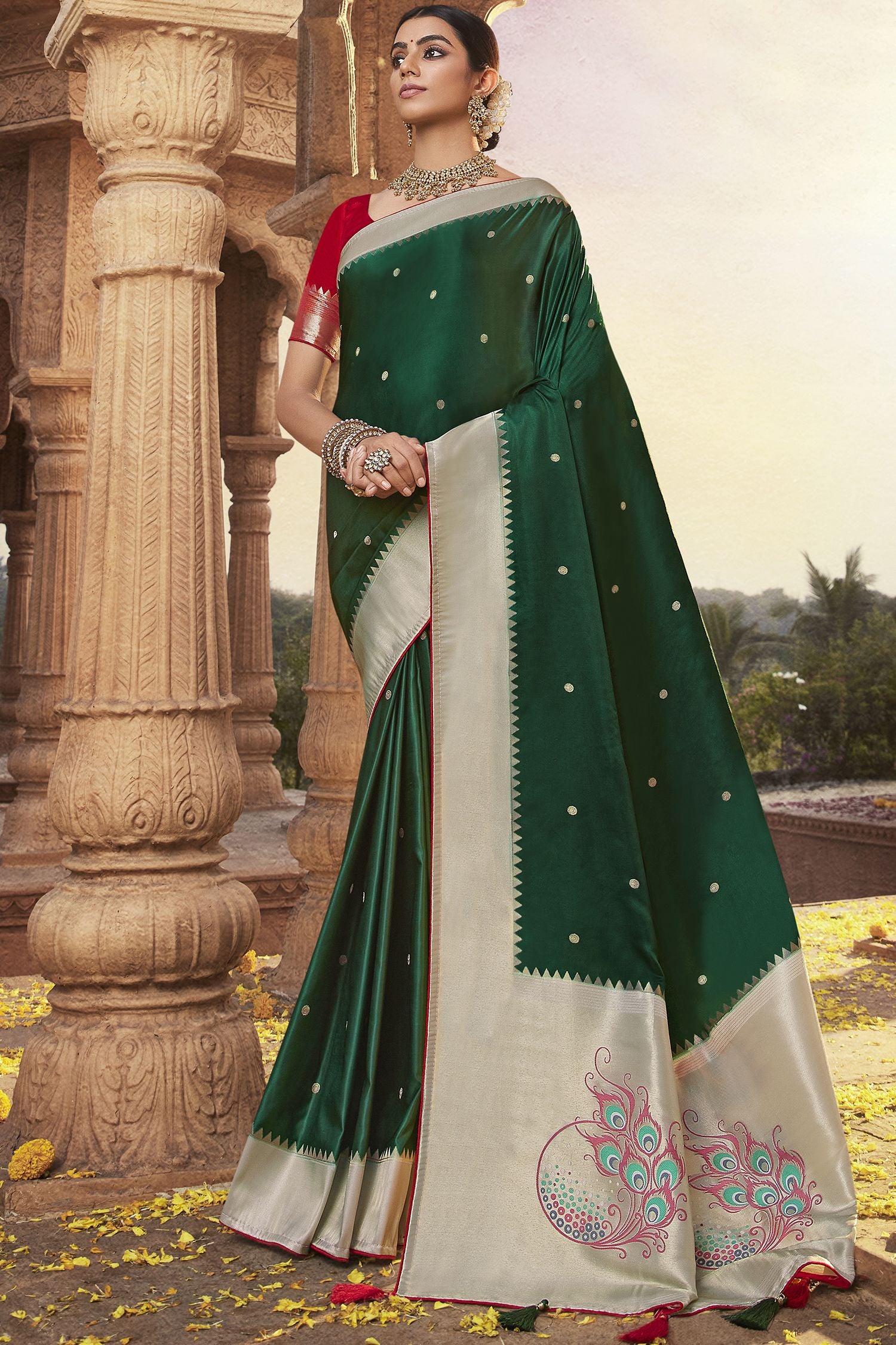 Buy MySilkLove Kelp Green Designer Banarasi Satin Silk Saree Online