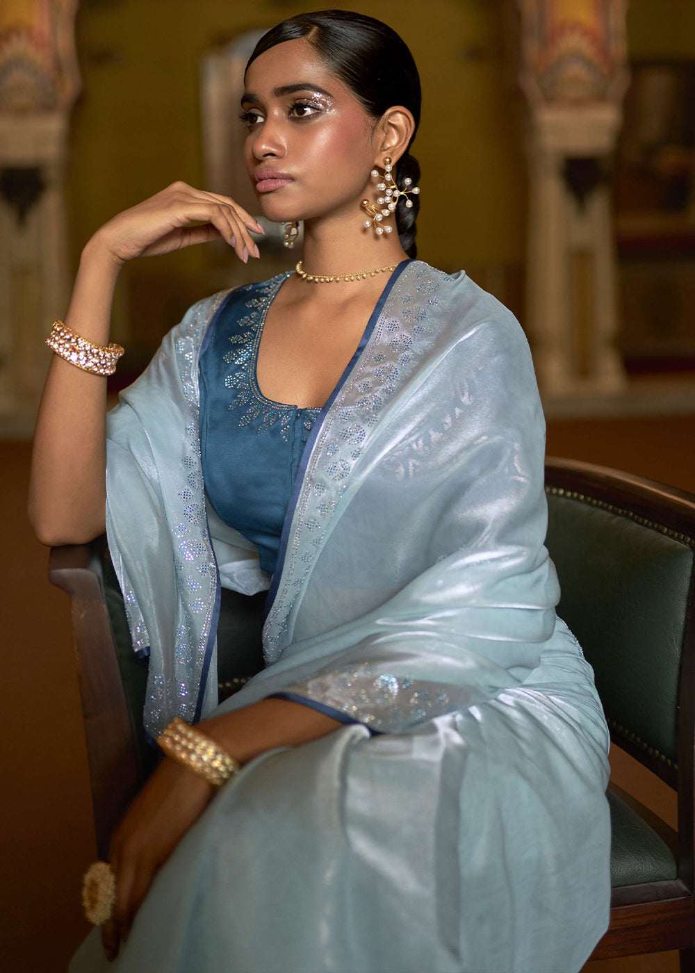 Buy MySilkLove Submarine Blue Organza Woven Silk Saree Online