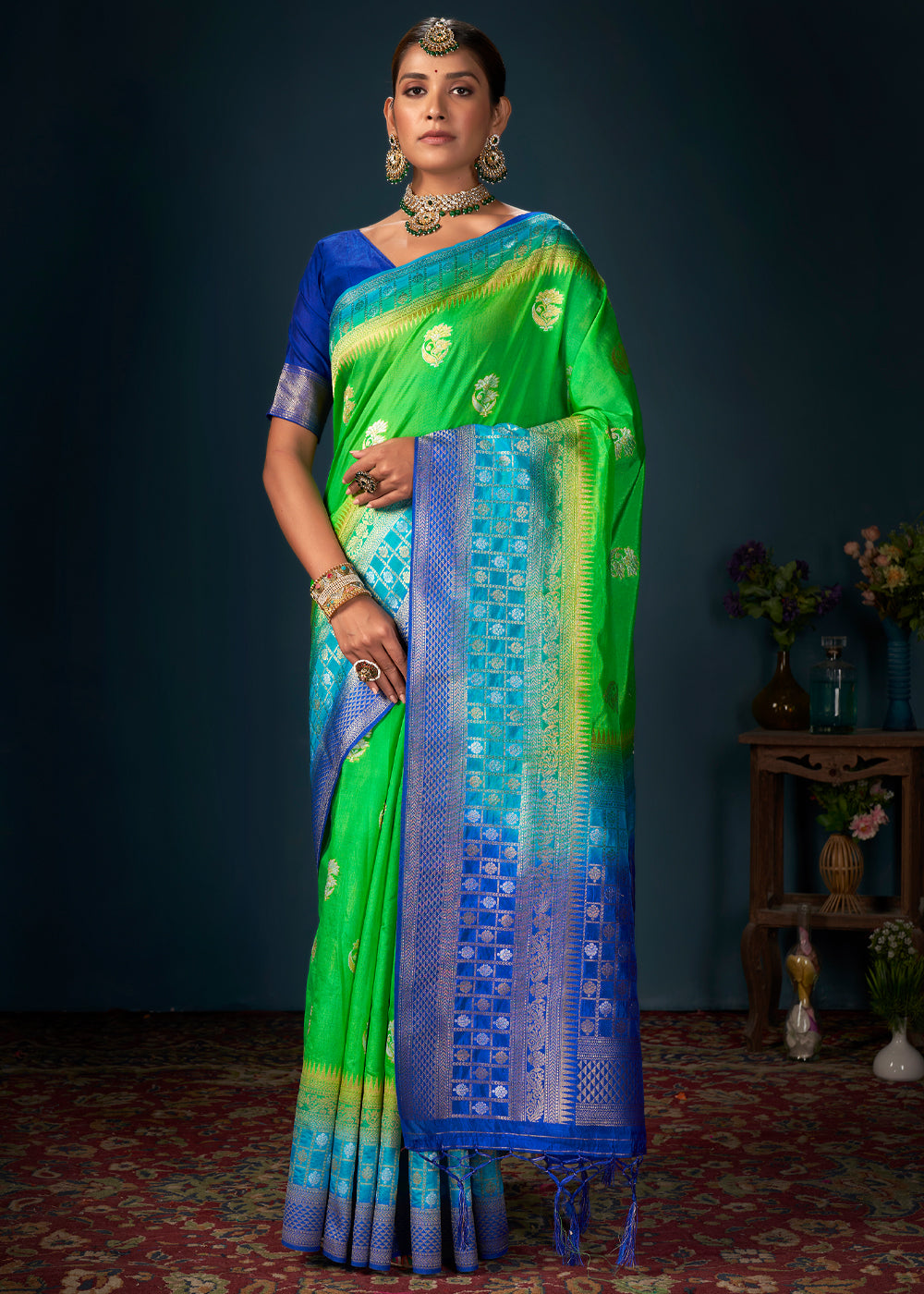 Buy MySilkLove Screamin Green ad Blue Woven Banarasi Silk Saree Online