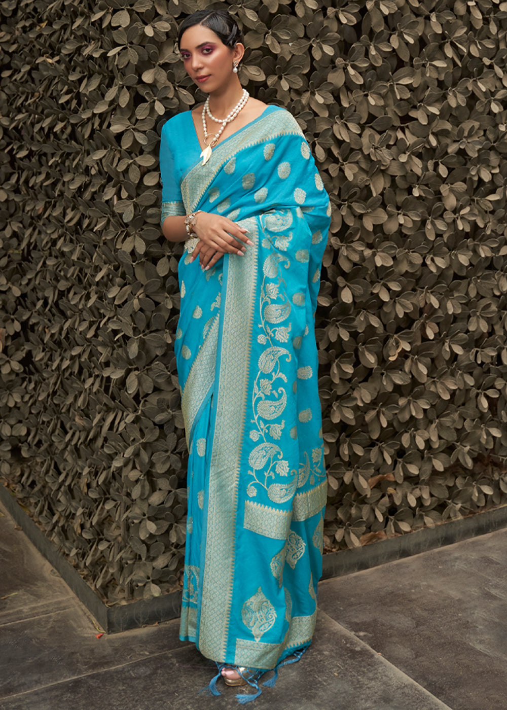 Buy MySilkLove Bright Turquoise Blue Woven Banarasi Chiffon Saree Online