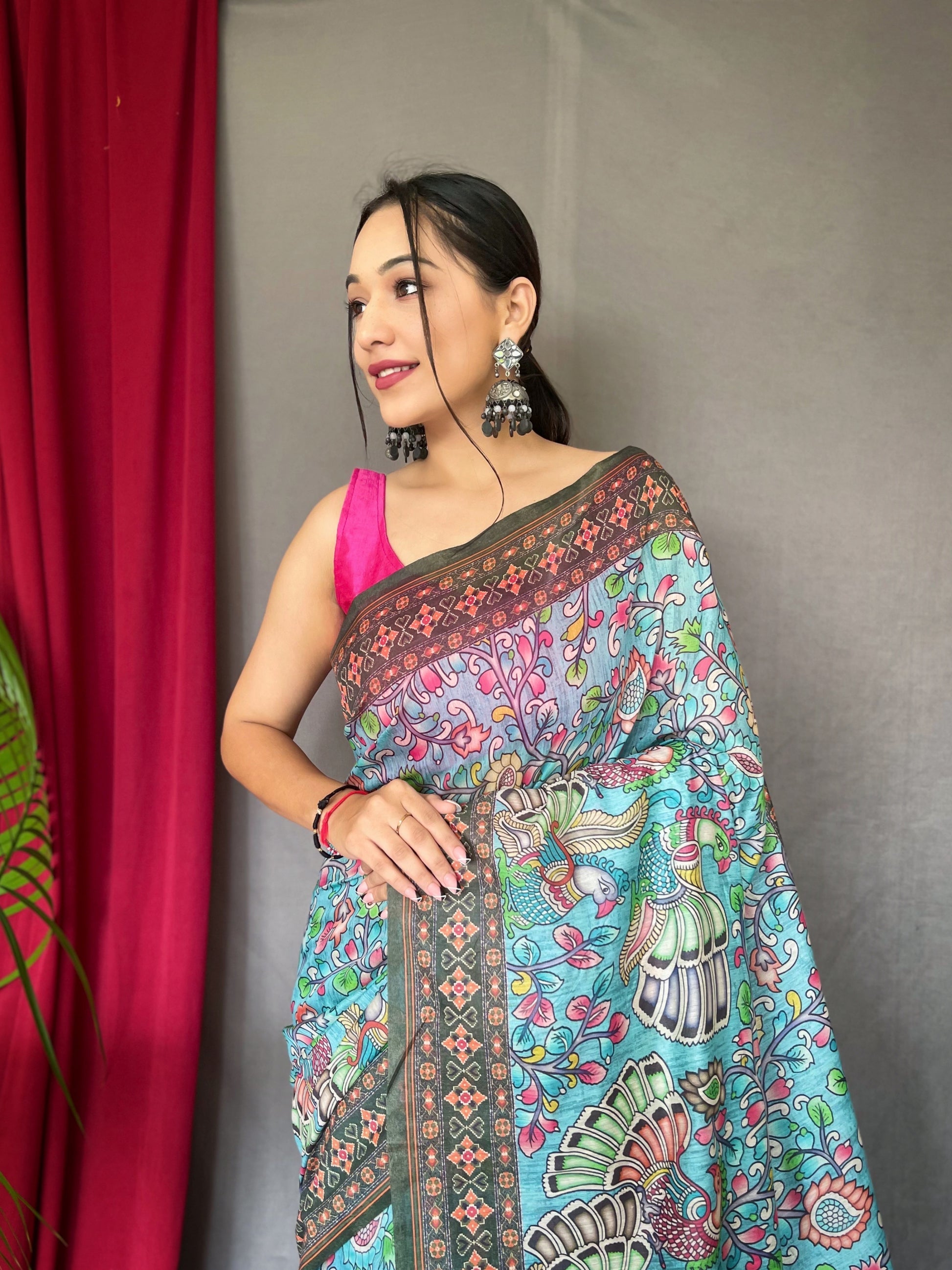 Buy MySilkLove Sinbad Blue Bandhani Kalamkari Printed Saree Online