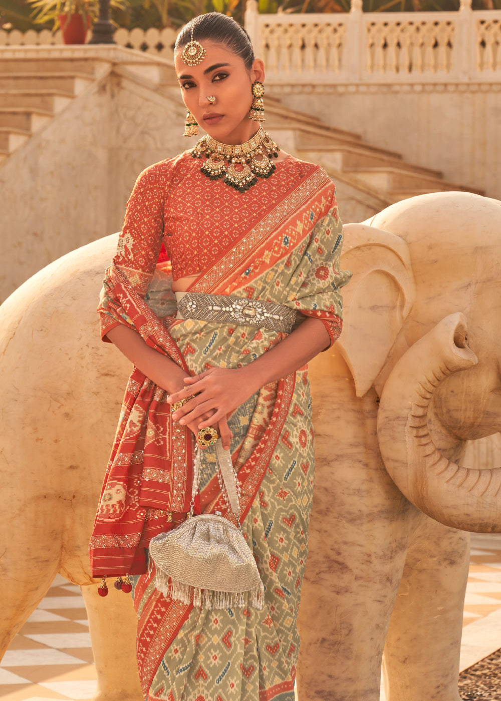Buy MySilkLove Domino Grey and Orange Woven Patola Silk Saree Online