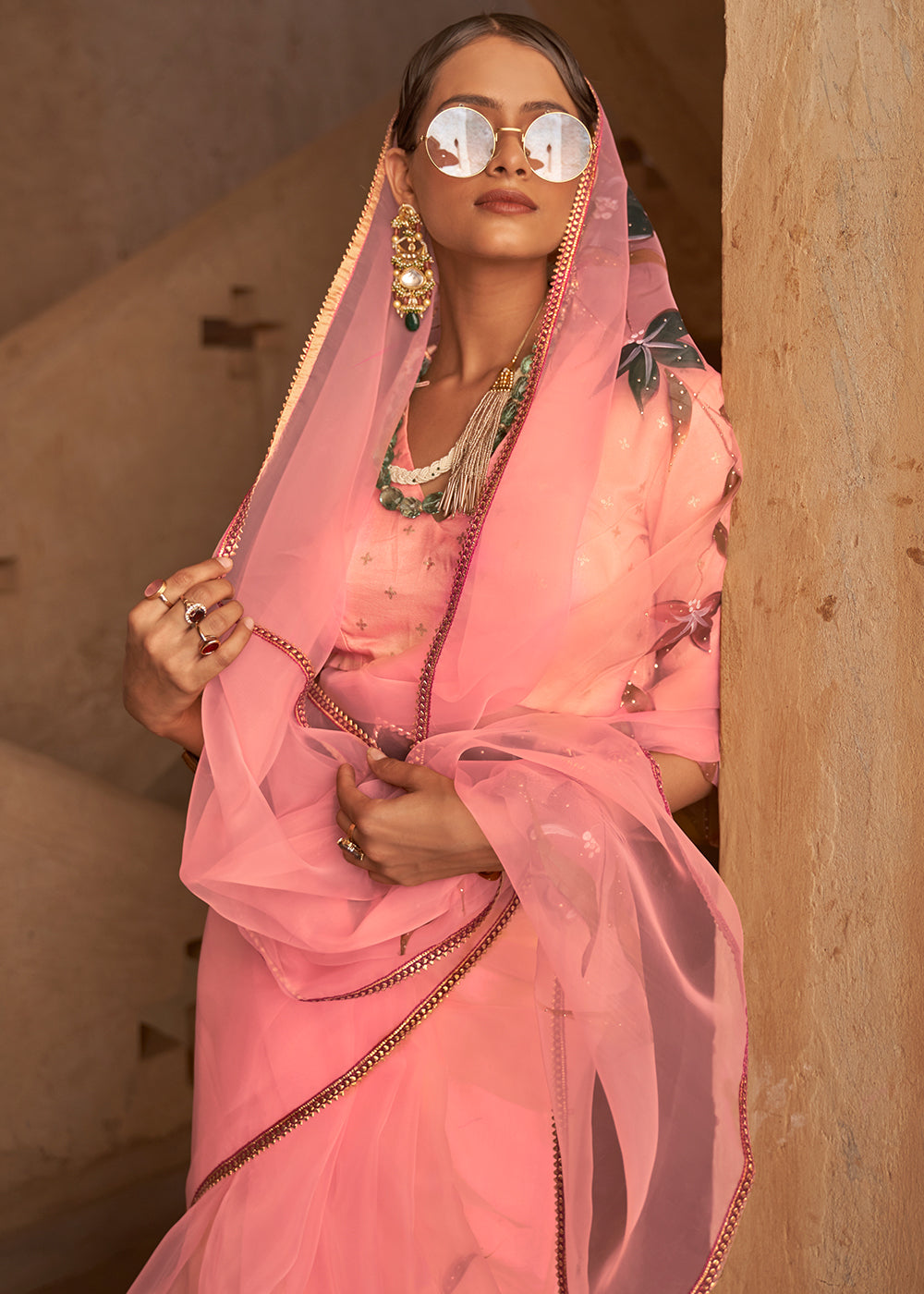 Buy MySilkLove Japonica Pink Digital Print Organza Saree Online
