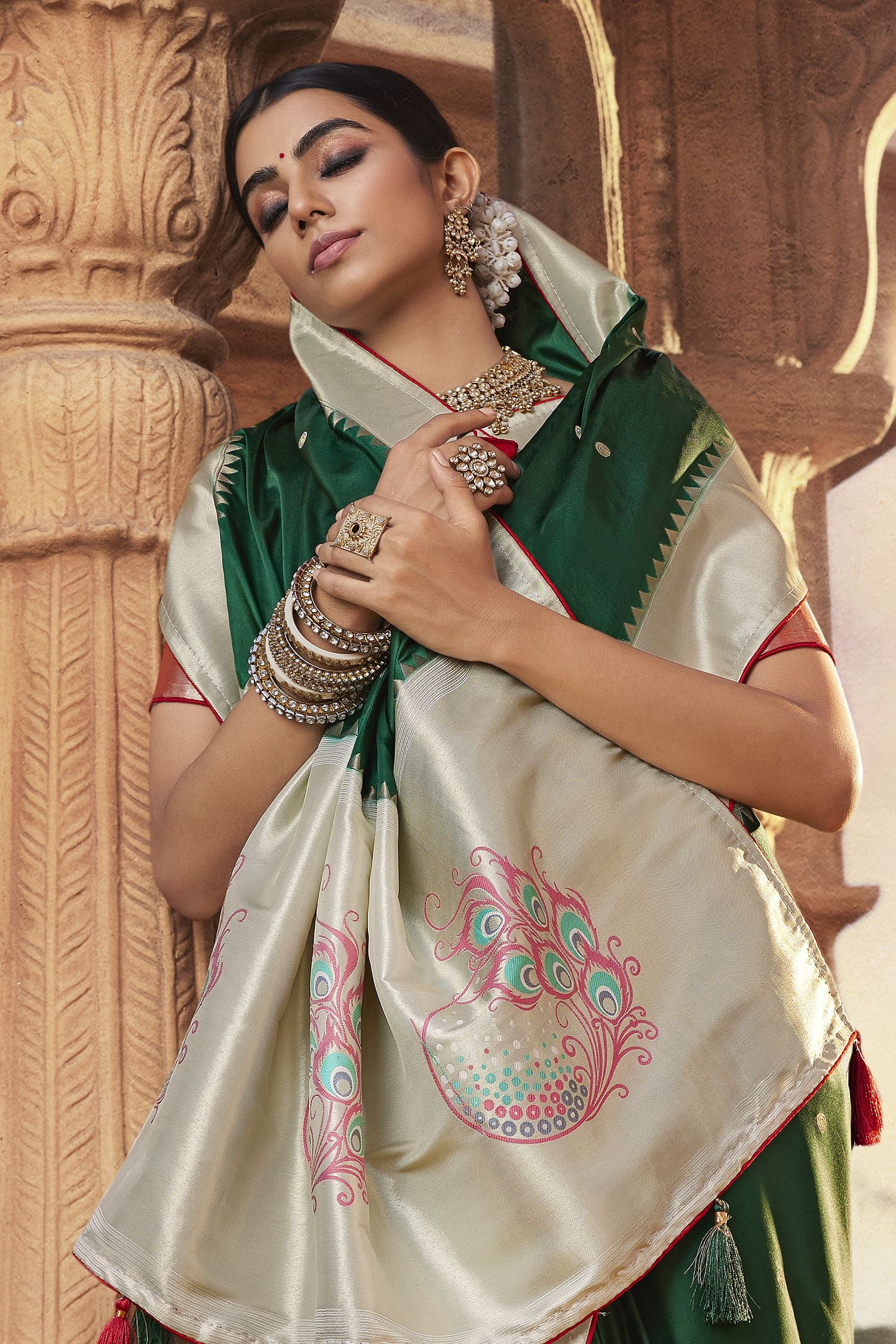 Buy MySilkLove Kelp Green Designer Banarasi Satin Silk Saree Online