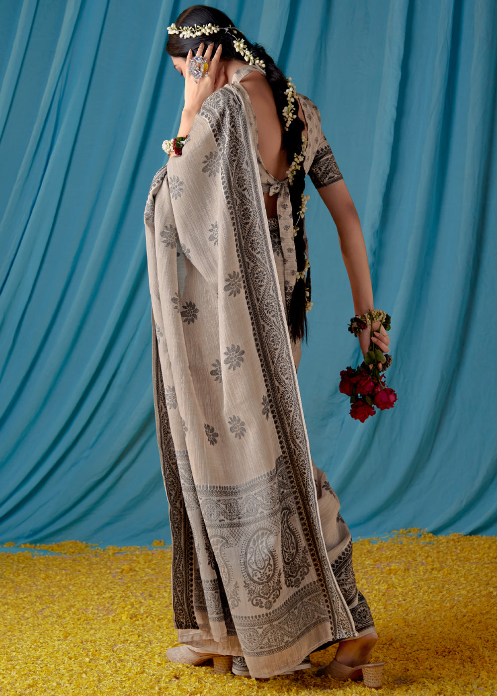 Buy MySilkLove Bronco Grey Woven Banarasi Linen Silk Saree Online