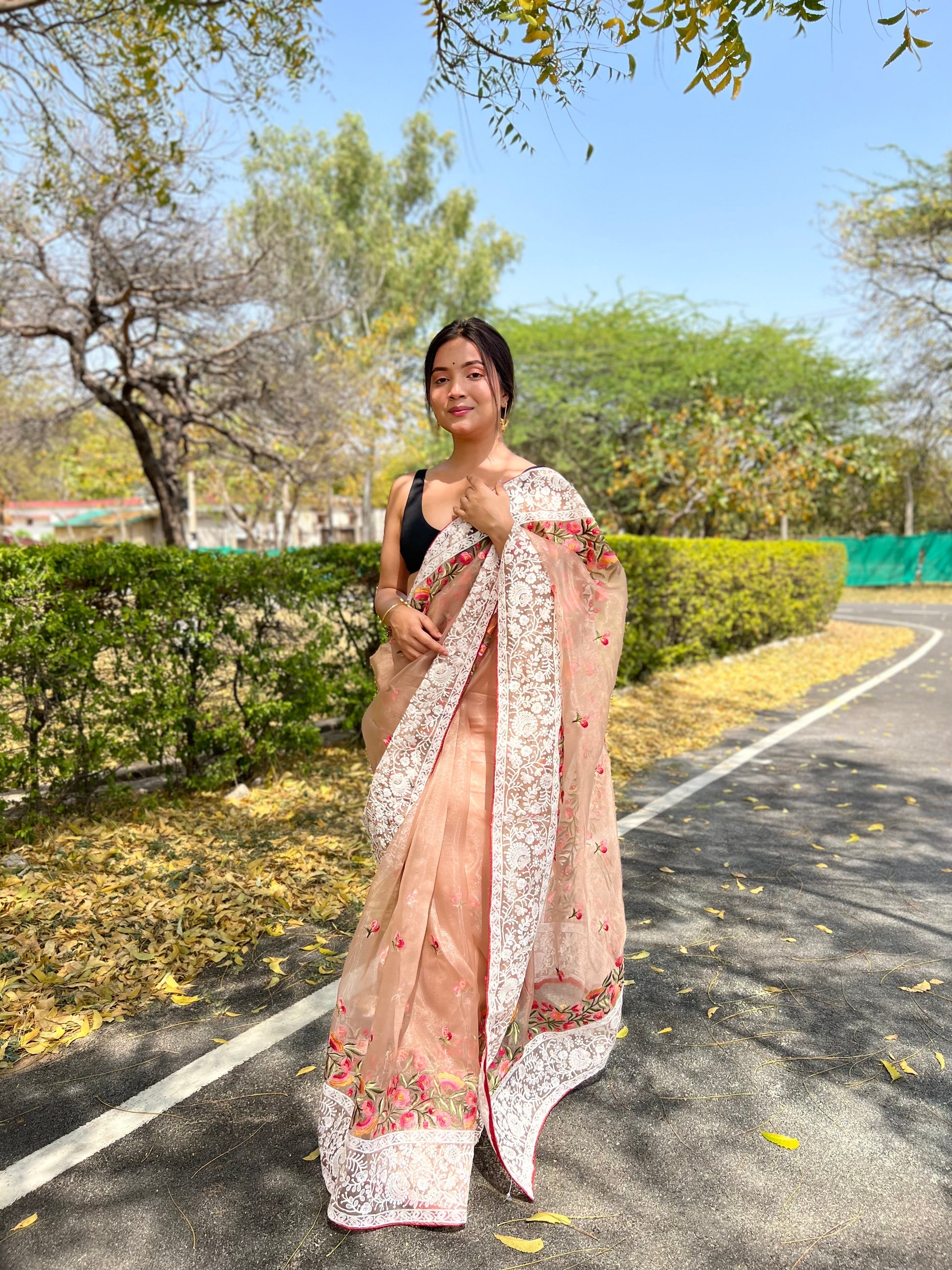 MySilkLove Light Orange Lucknowi Chikankari Organza Silk Saree