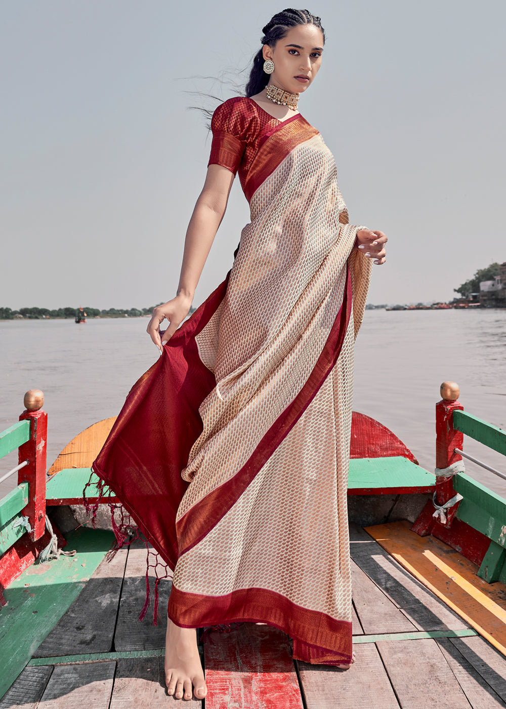 Buy MySilkLove Soft Amber Cream and Maroon Woven Banarasi Soft Silk Saree Online