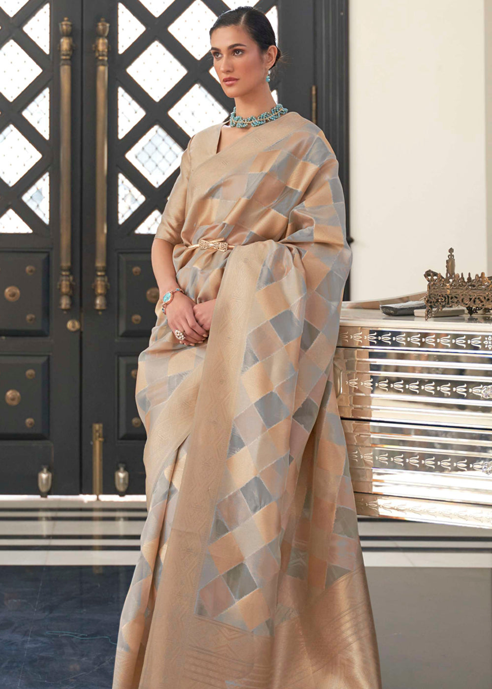 Buy MySilkLove Mist Golden and Grey Woven Organza Banarasi Silk Saree Online