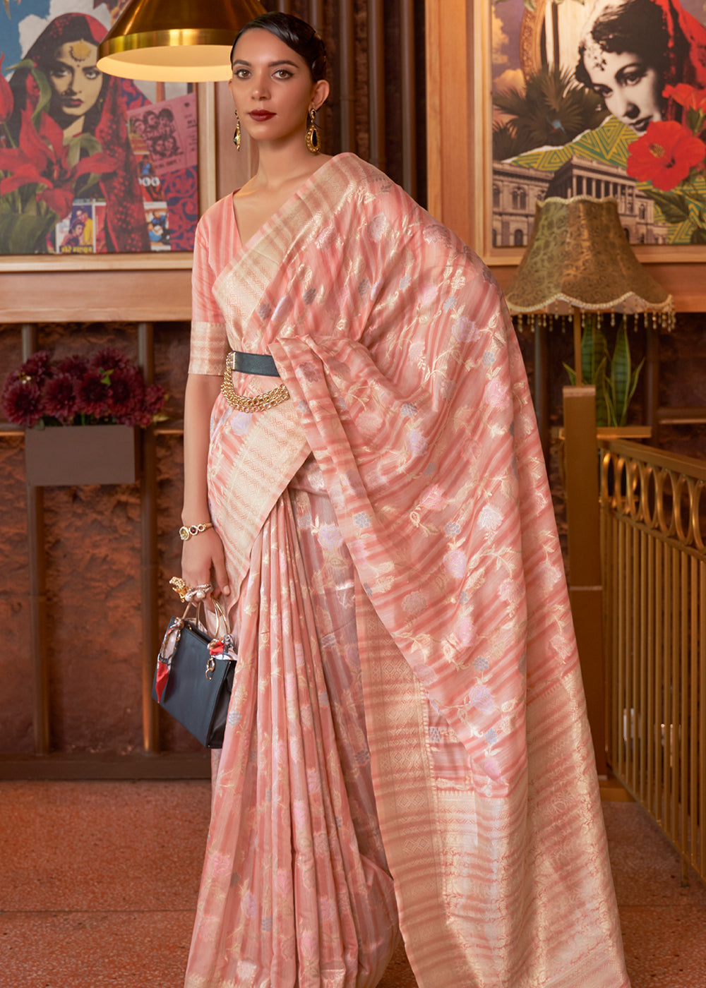 Buy MySilkLove Eunry Pink Woven Linen Silk Saree Online