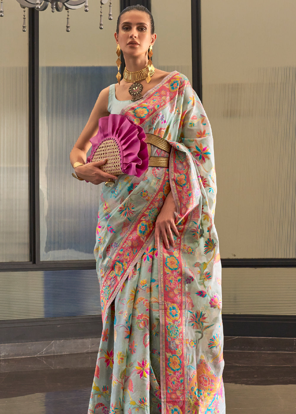 Buy MySilkLove Envy Green Jamewar Kashmiri Cotton Silk Saree Online