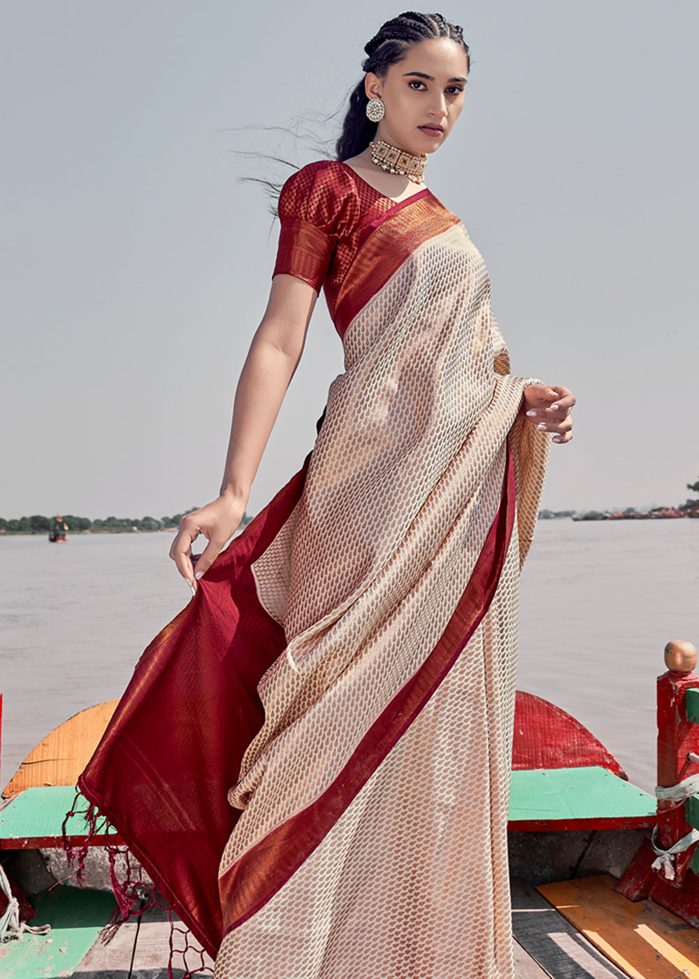 Buy MySilkLove Soft Amber Cream and Maroon Woven Banarasi Soft Silk Saree Online