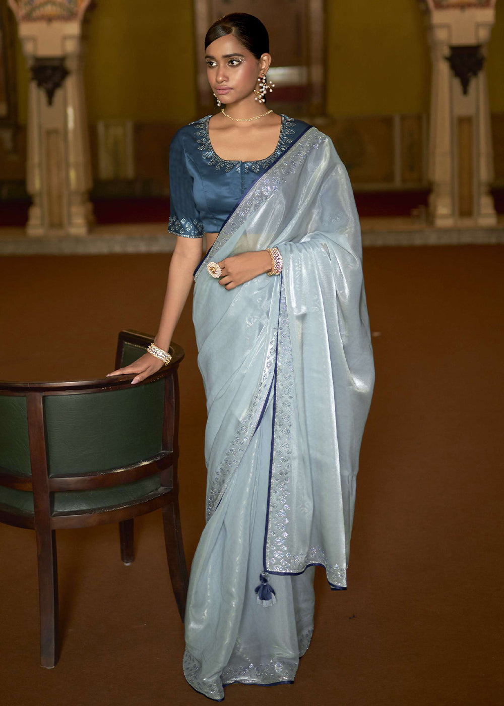 Buy MySilkLove Submarine Blue Organza Woven Silk Saree Online