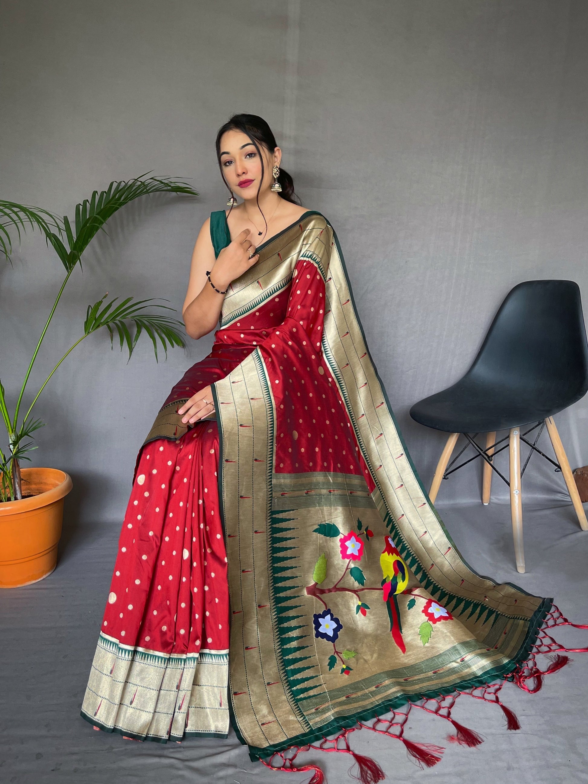 Buy MySilkLove Shimmer Maroon Polka Paithani Woven Silk Saree Online