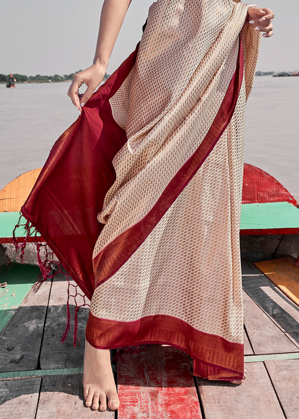 Buy MySilkLove Soft Amber Cream and Maroon Woven Banarasi Soft Silk Saree Online
