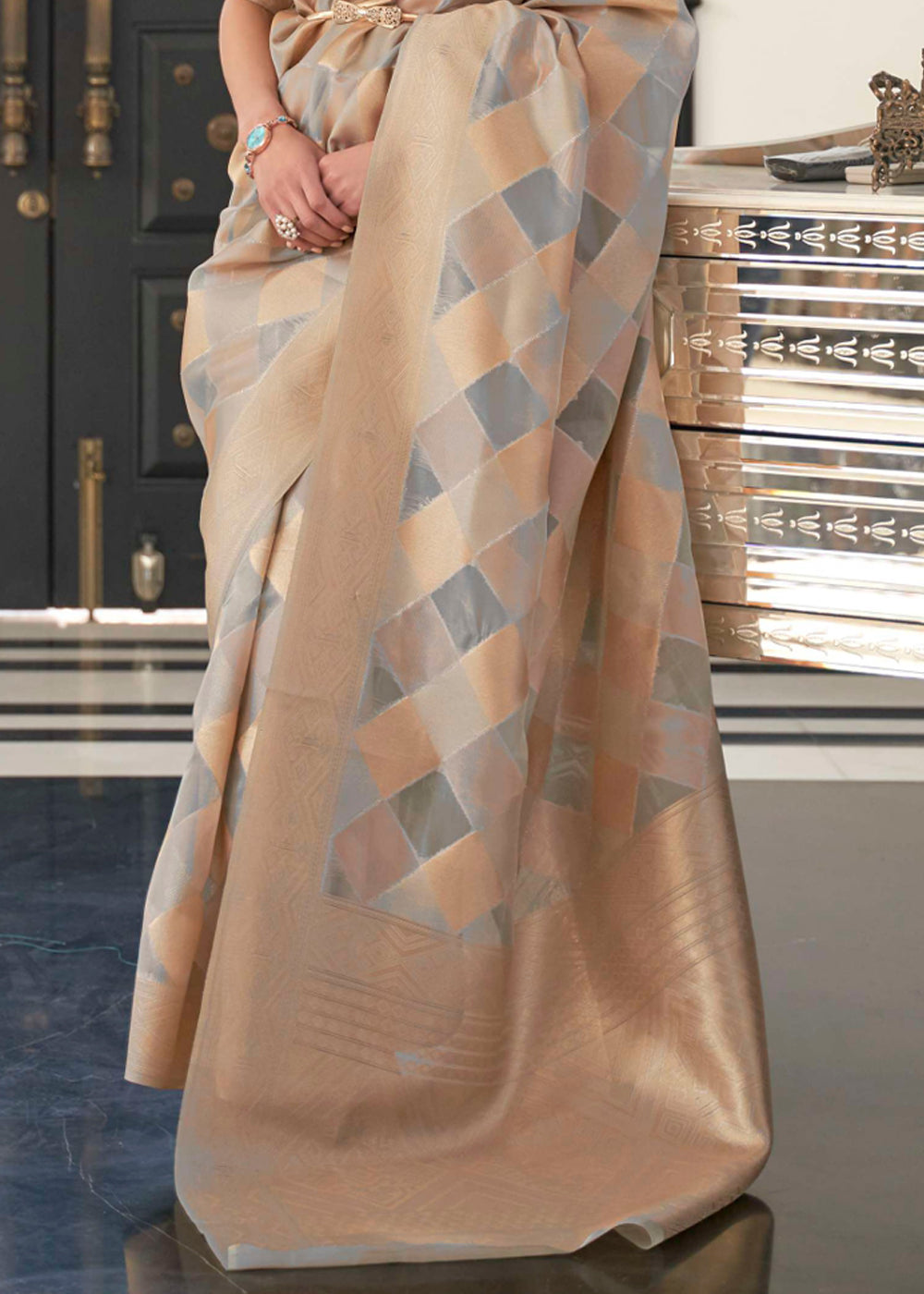 Buy MySilkLove Mist Golden and Grey Woven Organza Banarasi Silk Saree Online
