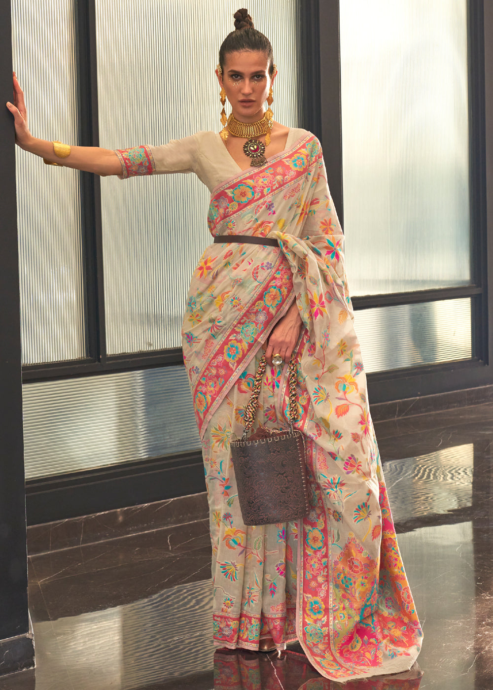 Buy MySilkLove Cashmere Cream Jamewar Kashmiri Cotton Silk Saree Online
