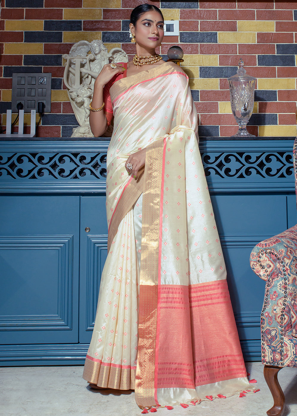 Buy MySilkLove Oyster White Woven Raw Silk Saree Online