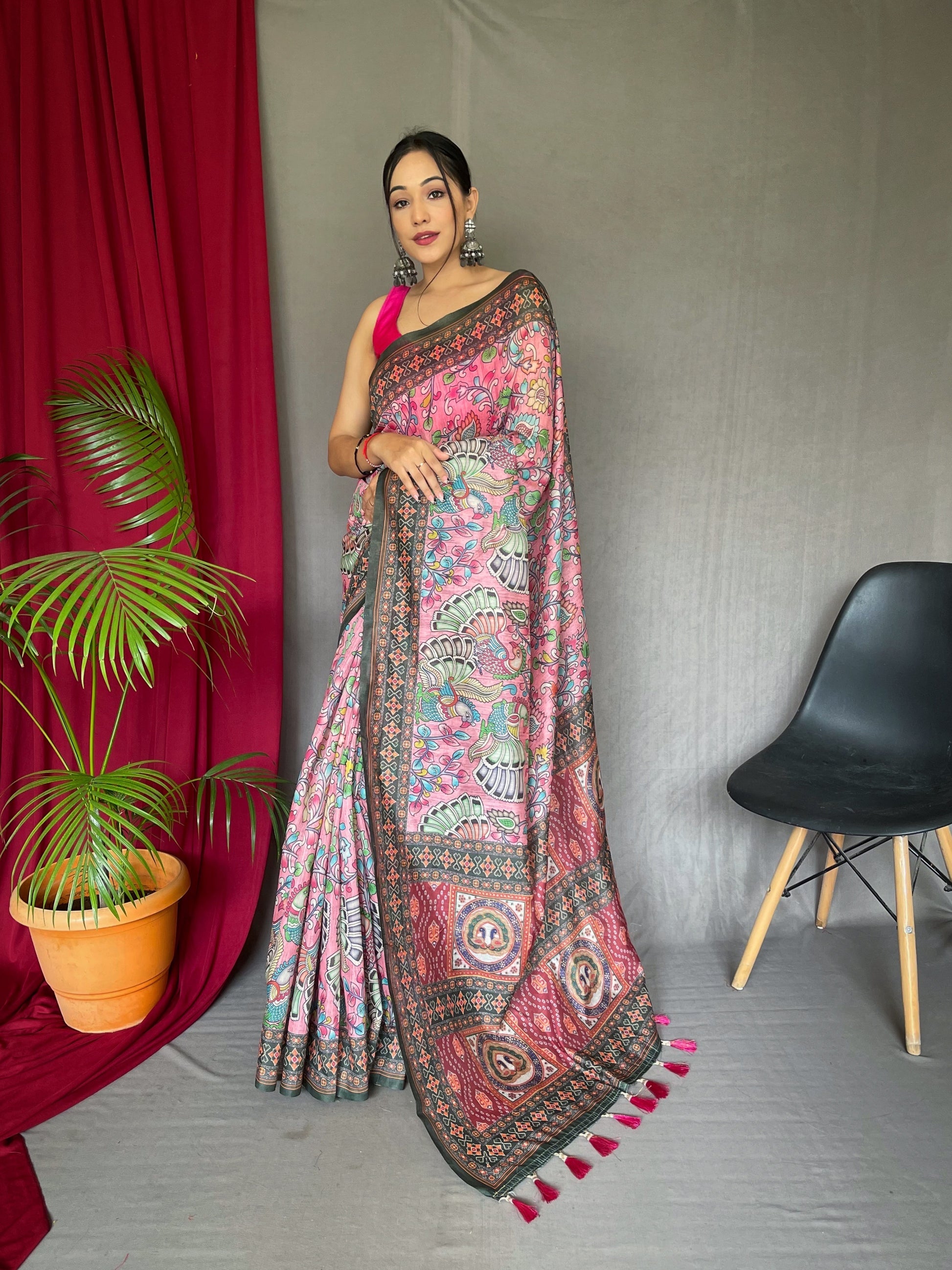 Buy MySilkLove Blossom Pink Bandhani Kalamkari Printed Saree Online