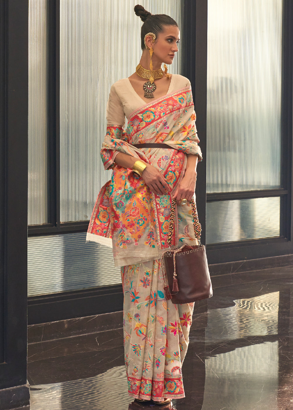 Buy MySilkLove Cashmere Cream Jamewar Kashmiri Cotton Silk Saree Online
