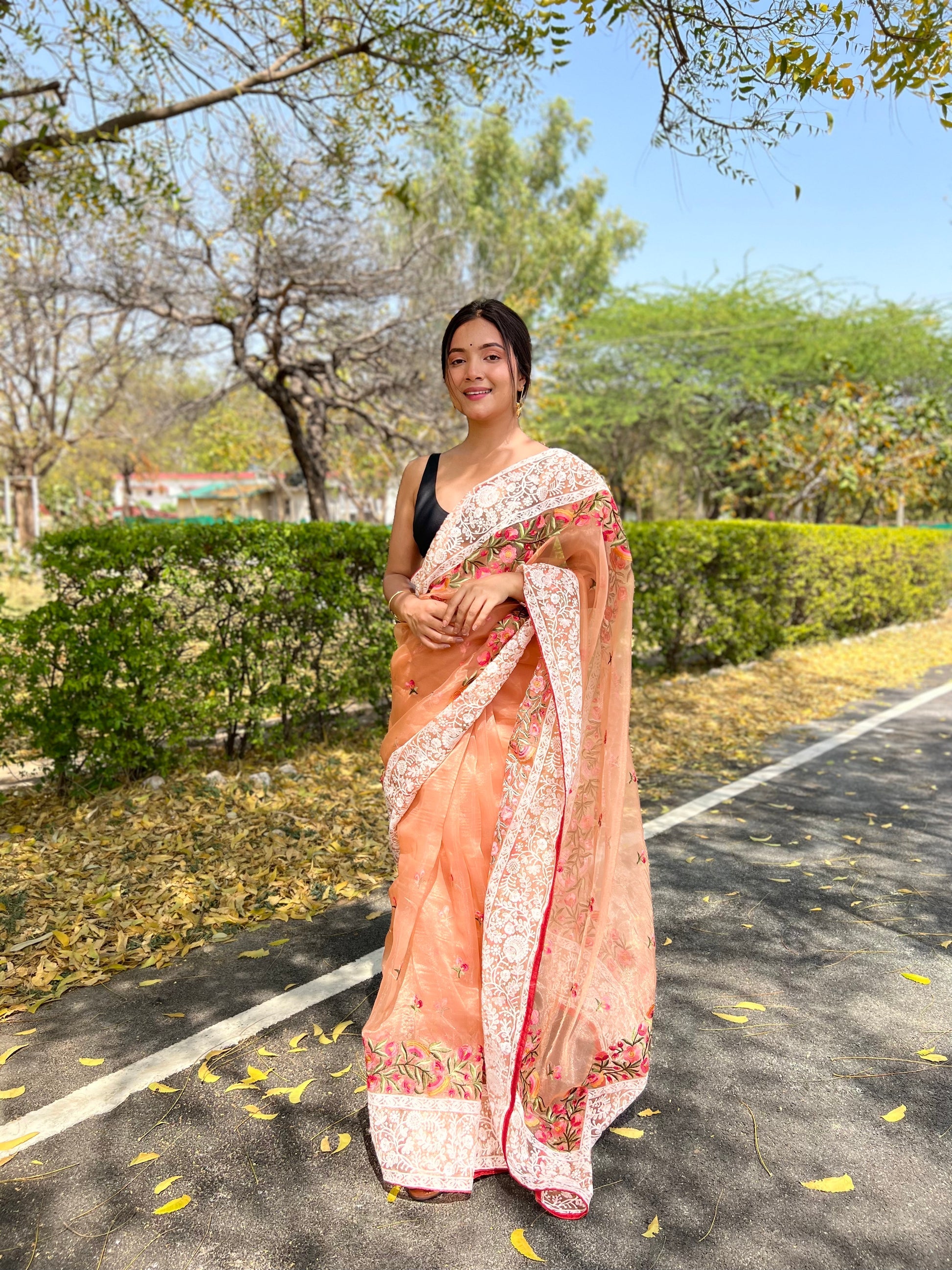 MySilkLove Peach Lucknowi Chikankari Organza Silk Saree