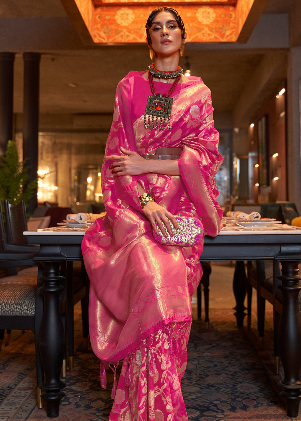Buy MySilkLove Cranberry Pink Banarasi Brocade Silk Saree Online