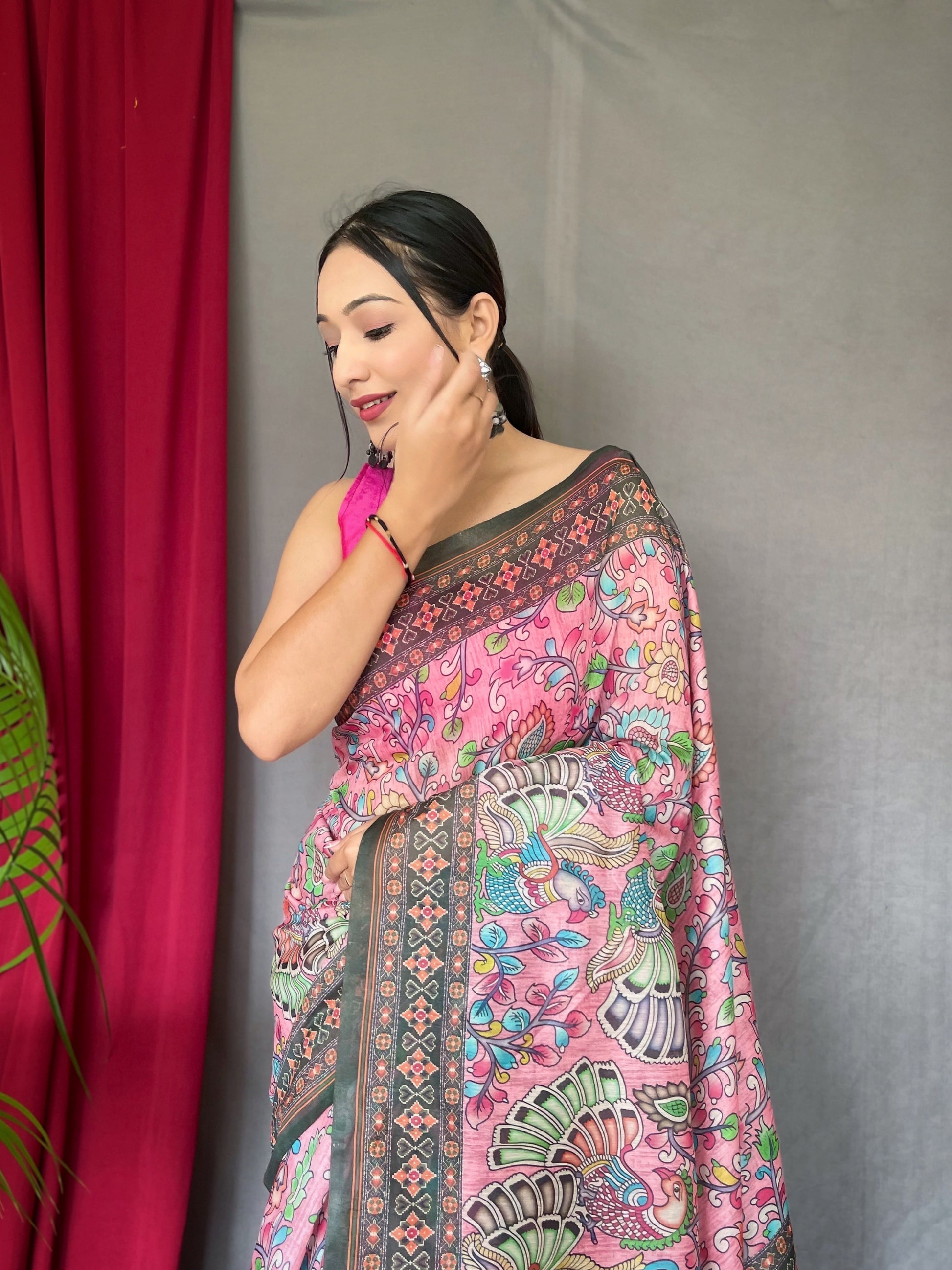 Buy MySilkLove Blossom Pink Bandhani Kalamkari Printed Saree Online