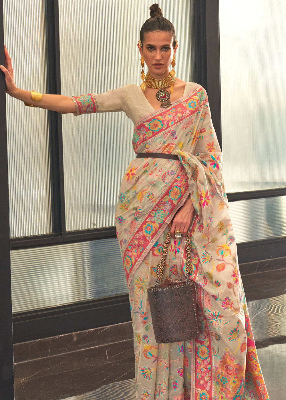 Buy MySilkLove Cashmere Cream Jamewar Kashmiri Cotton Silk Saree Online