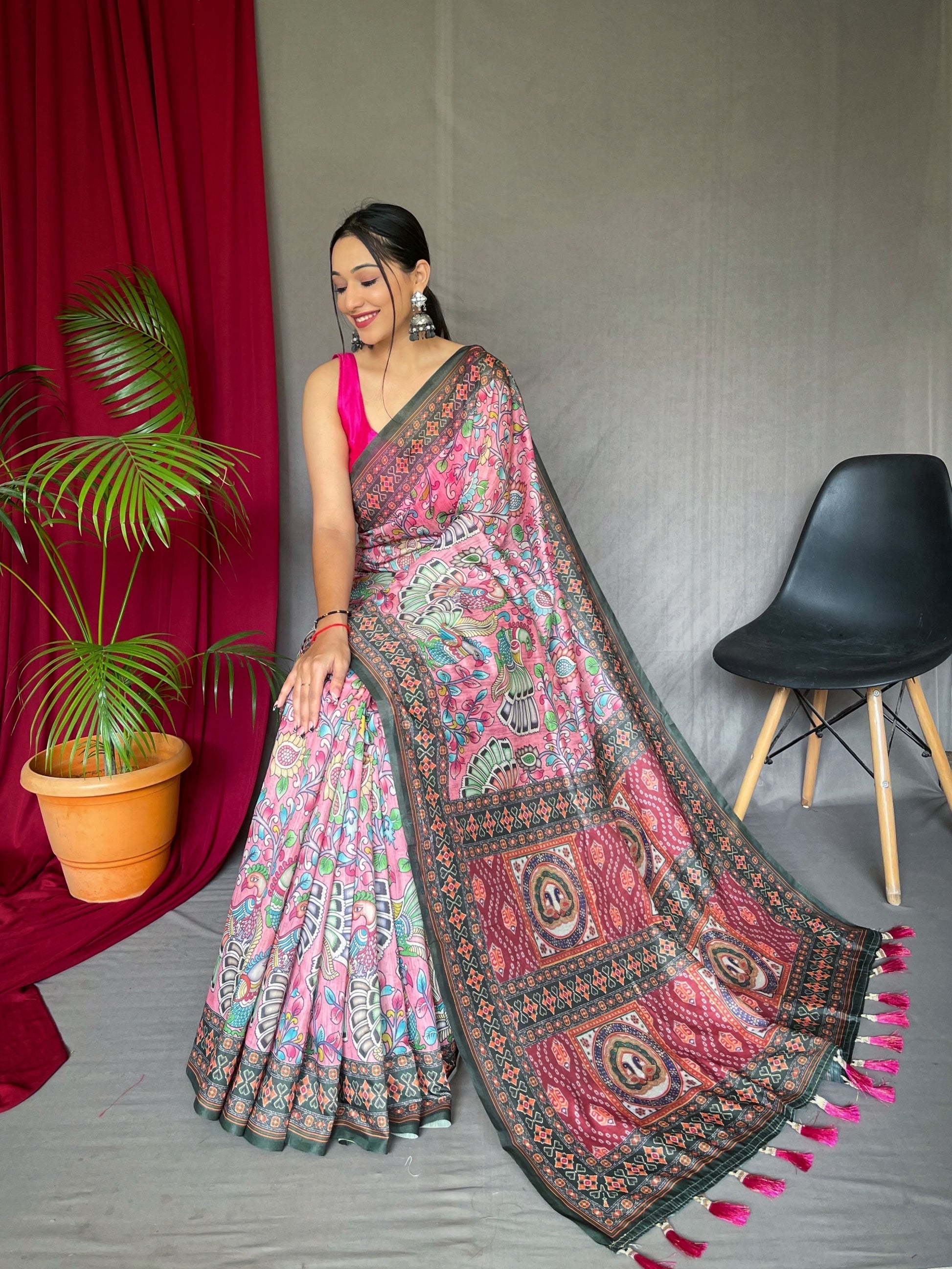 Buy MySilkLove Blossom Pink Bandhani Kalamkari Printed Saree Online